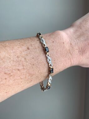 925 Sterling Silver Gold Plated Black Sapphire CZ Bracelet 7.5” Vintage Style